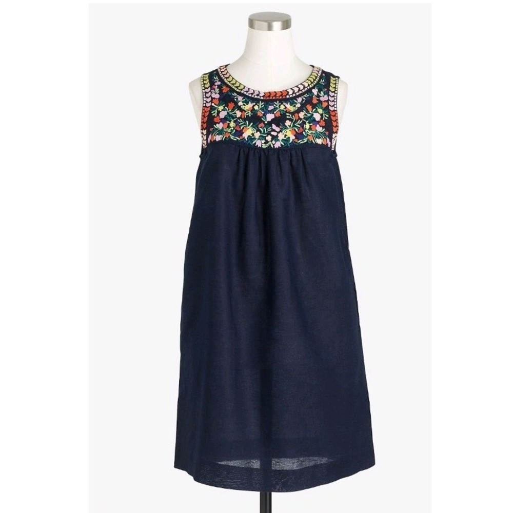 J Crew Navy Sleeveless Dress Boho Size 12 Embroidered Flowers Cotton Lightweight